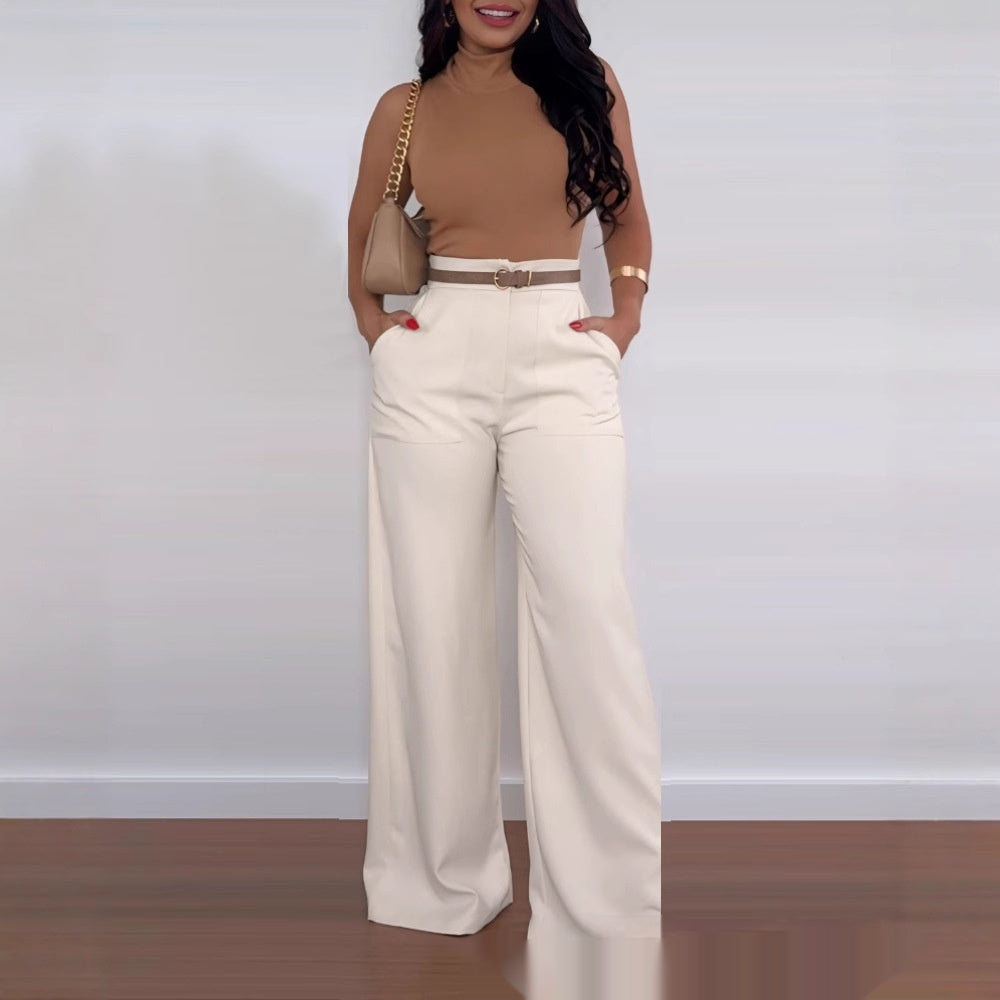 Light cream wide-leg flared pants with belted waist