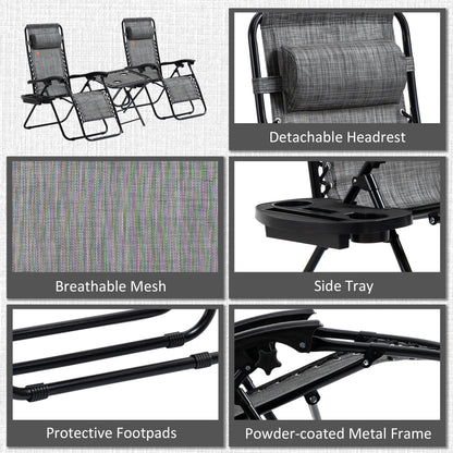 Grey breathable mesh lounge chairs with detachable headrests, side tray, and protective footpads