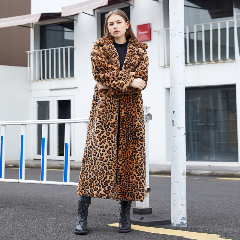 Faux Fur Leopard Print Rabbit Fur Super Long Suit Collar Fur Coat