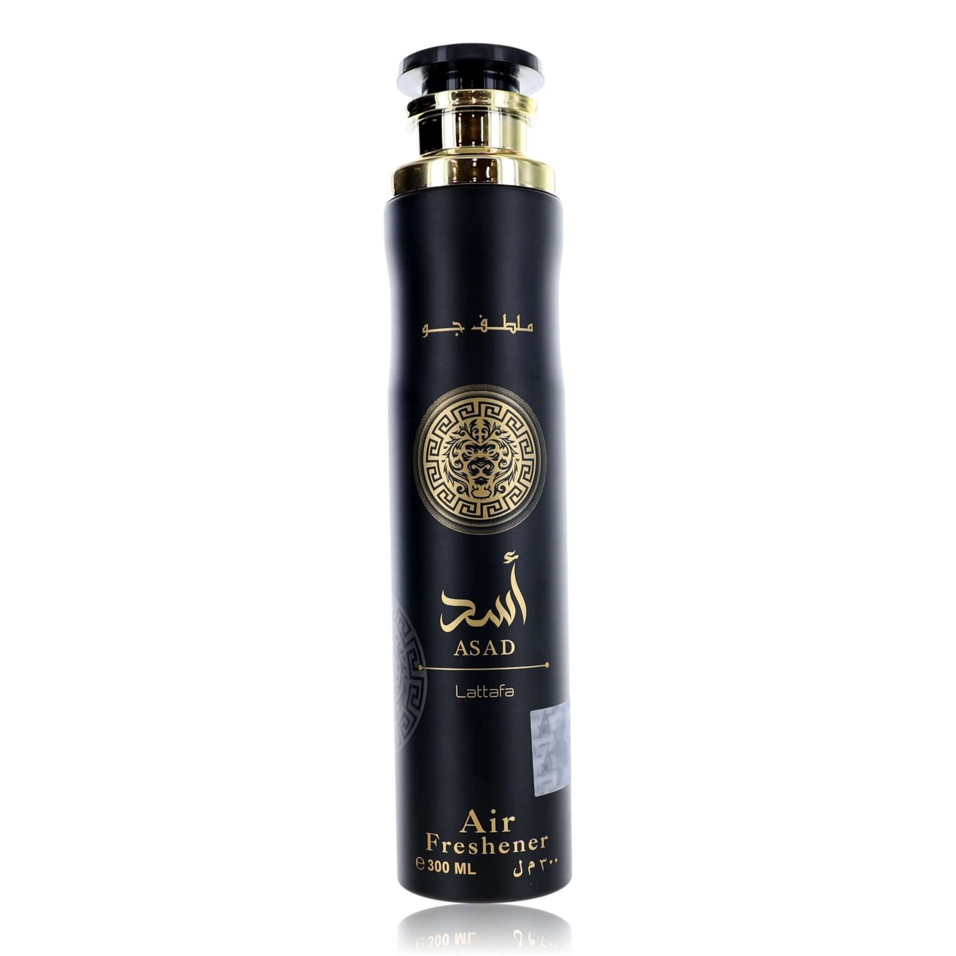 Asad by Lattafa air freshener bottle, dark with gold cap and label text