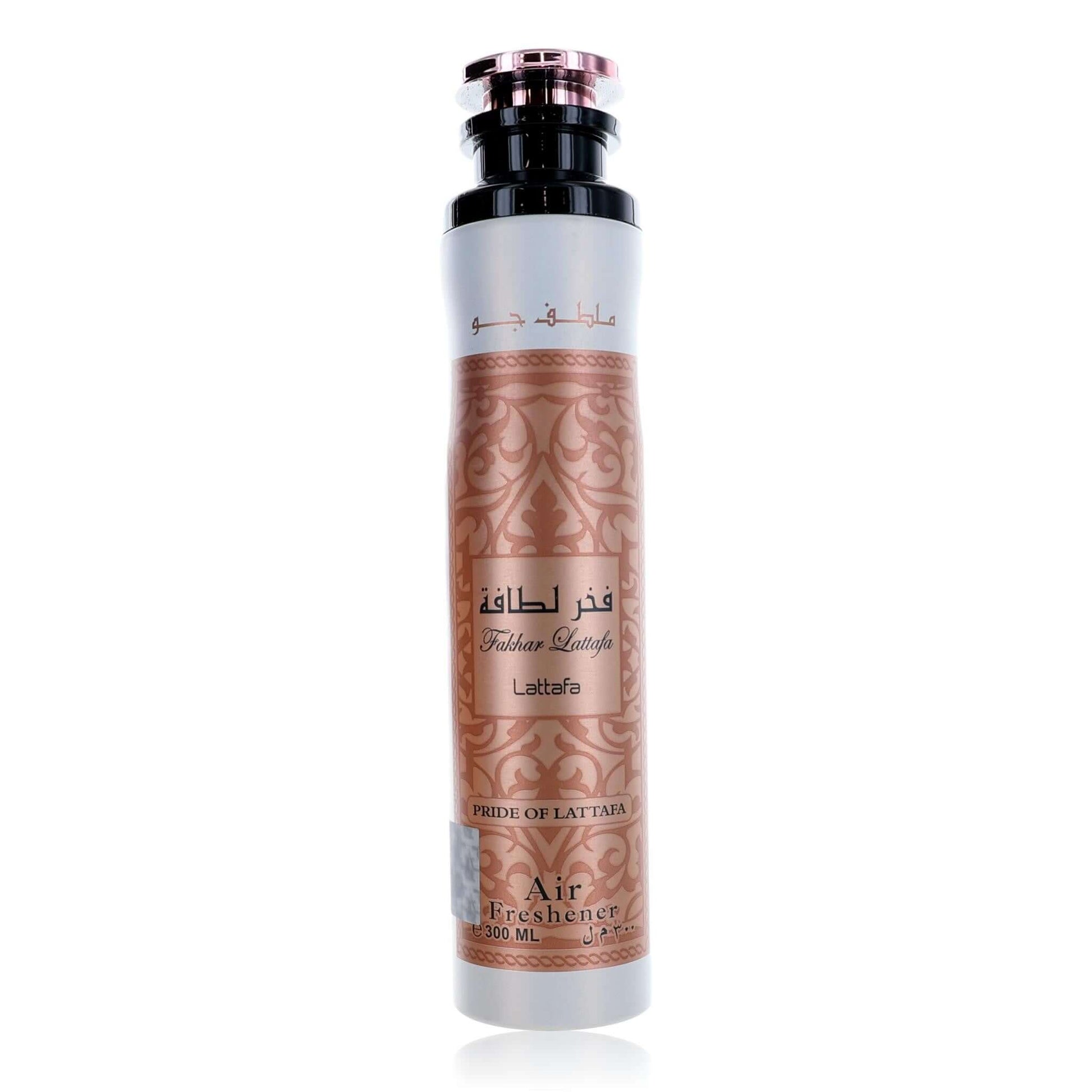 Women’s air freshener spray can, silver with brown decorative label and black cap