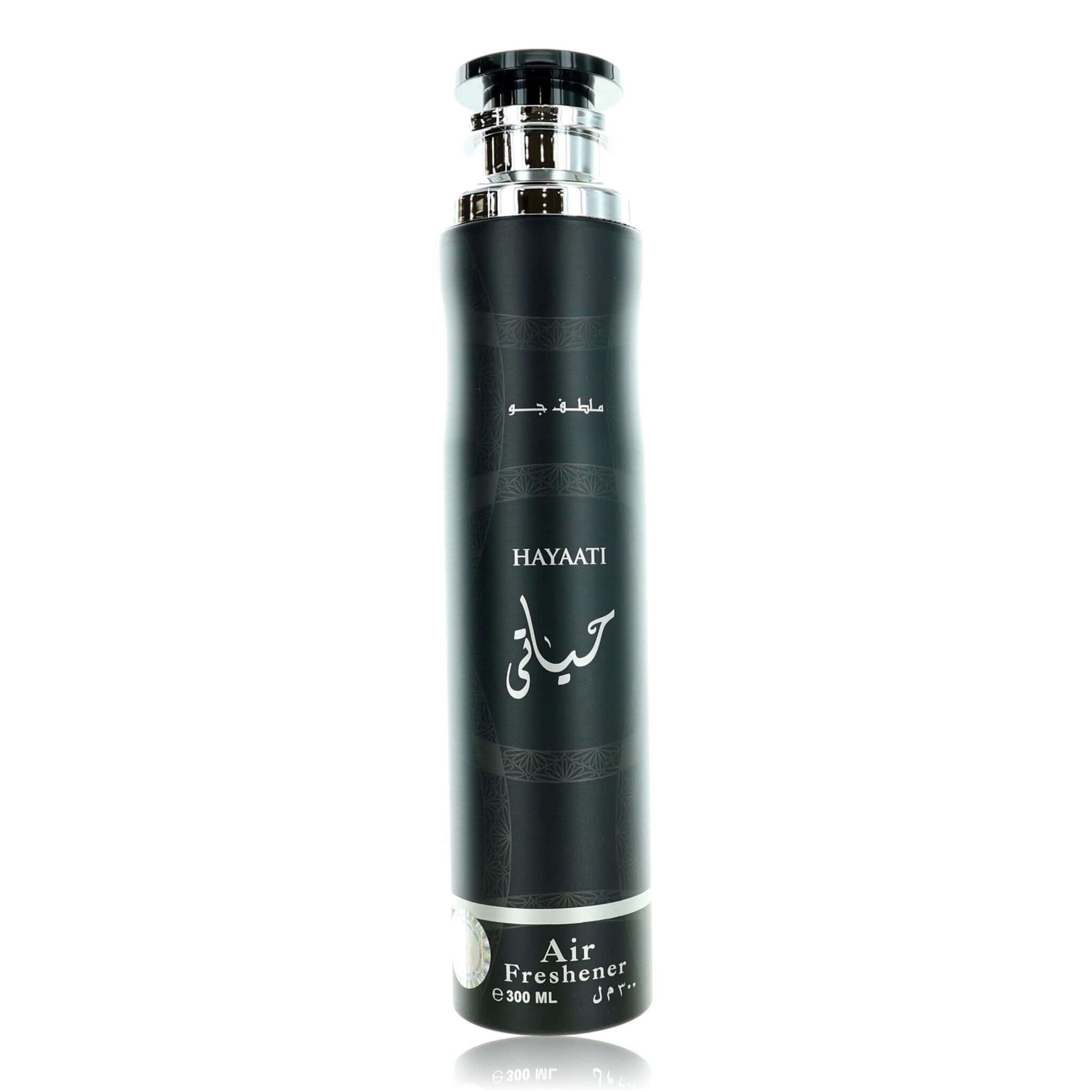 Hayaati by Lattafa air freshener bottle, black cylinder with silver cap