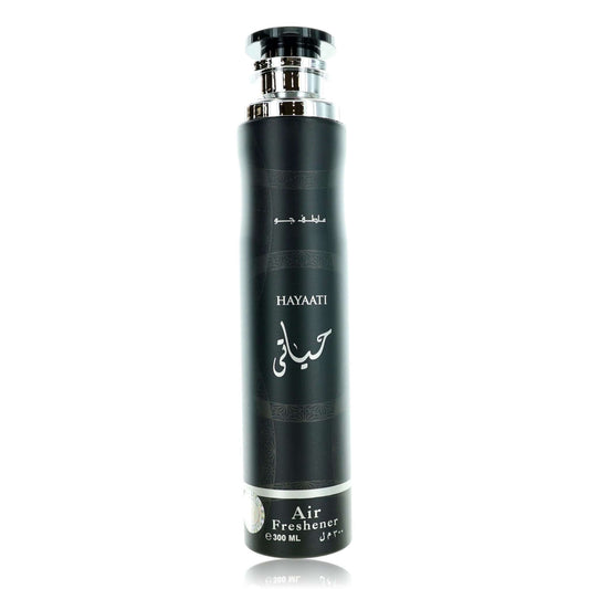 Hayaati by Lattafa air freshener bottle, black cylinder with silver cap