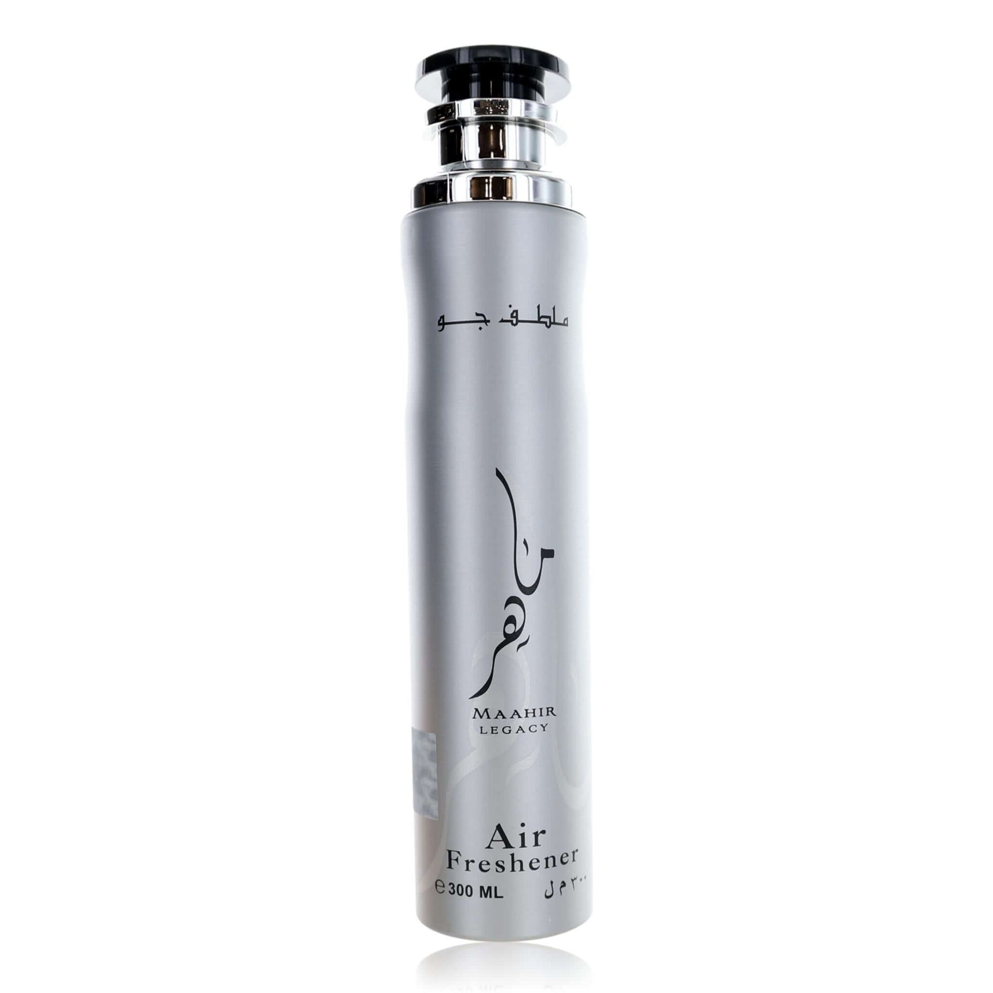 Air freshener bottle with silver cap, metallic gray body, Maahir Legacy label and Air Freshener text