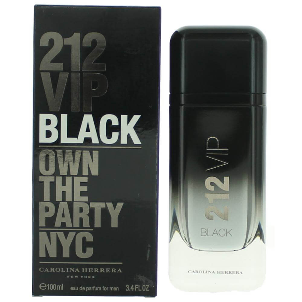 212 VIP Black by Carolina Herrera, 3.4 oz EDP Spray for Men fragrance bottle and packaging