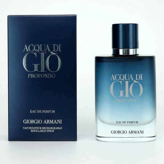 Men's Acqua Di Gio Profondo eau de parfum spray with dark cap, glass bottle, blue box