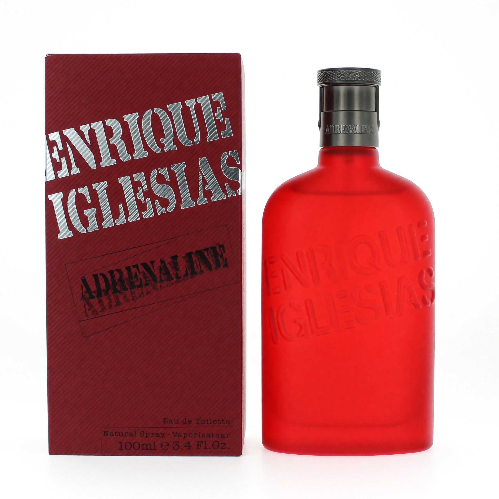 Men's EDT spray perfume bottle and box, red glass with embossed logo