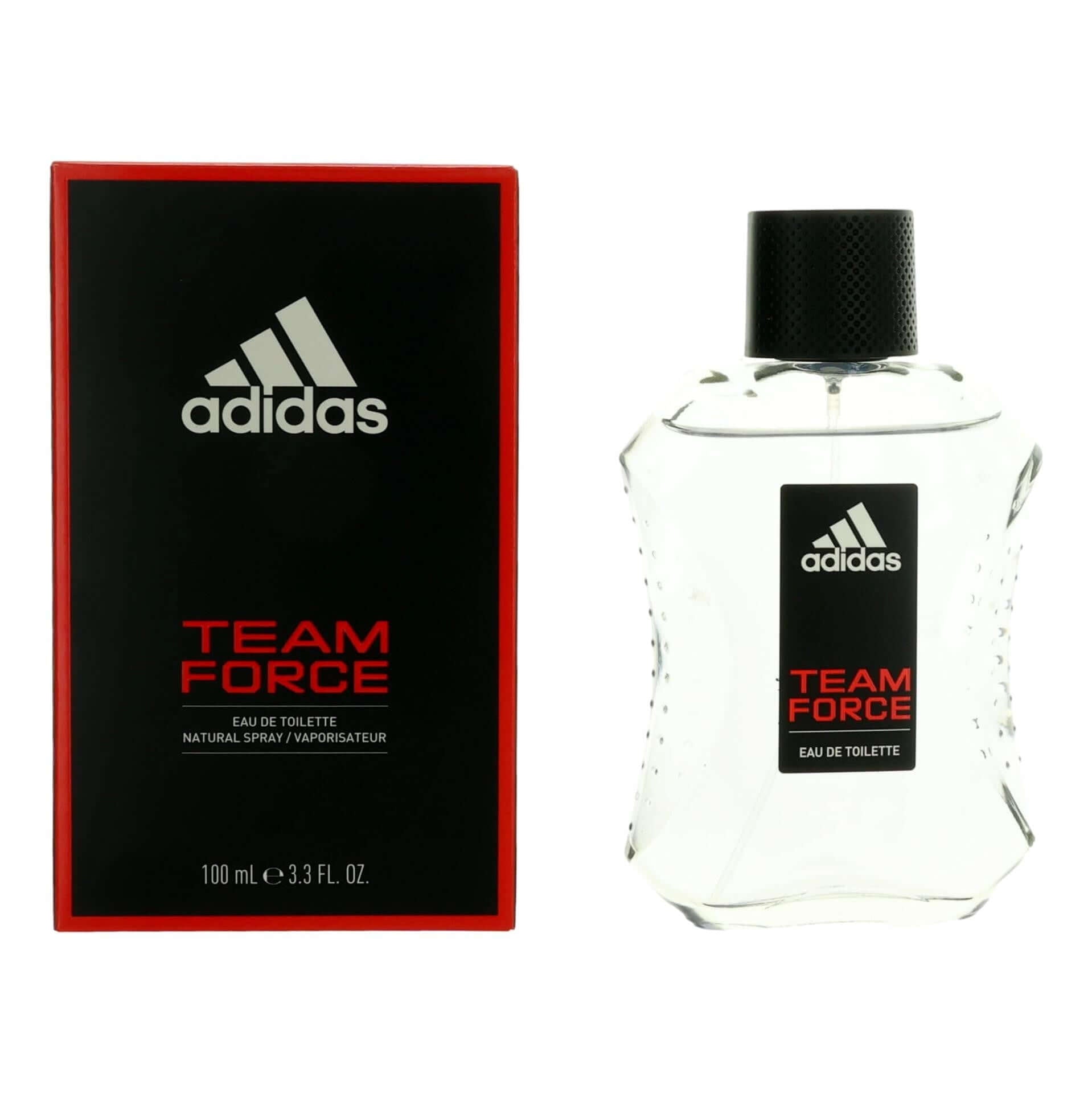 Adidas Team Force by Adidas, 3.4 oz EDT Spray for Men in a transparent bottle with red packaging.