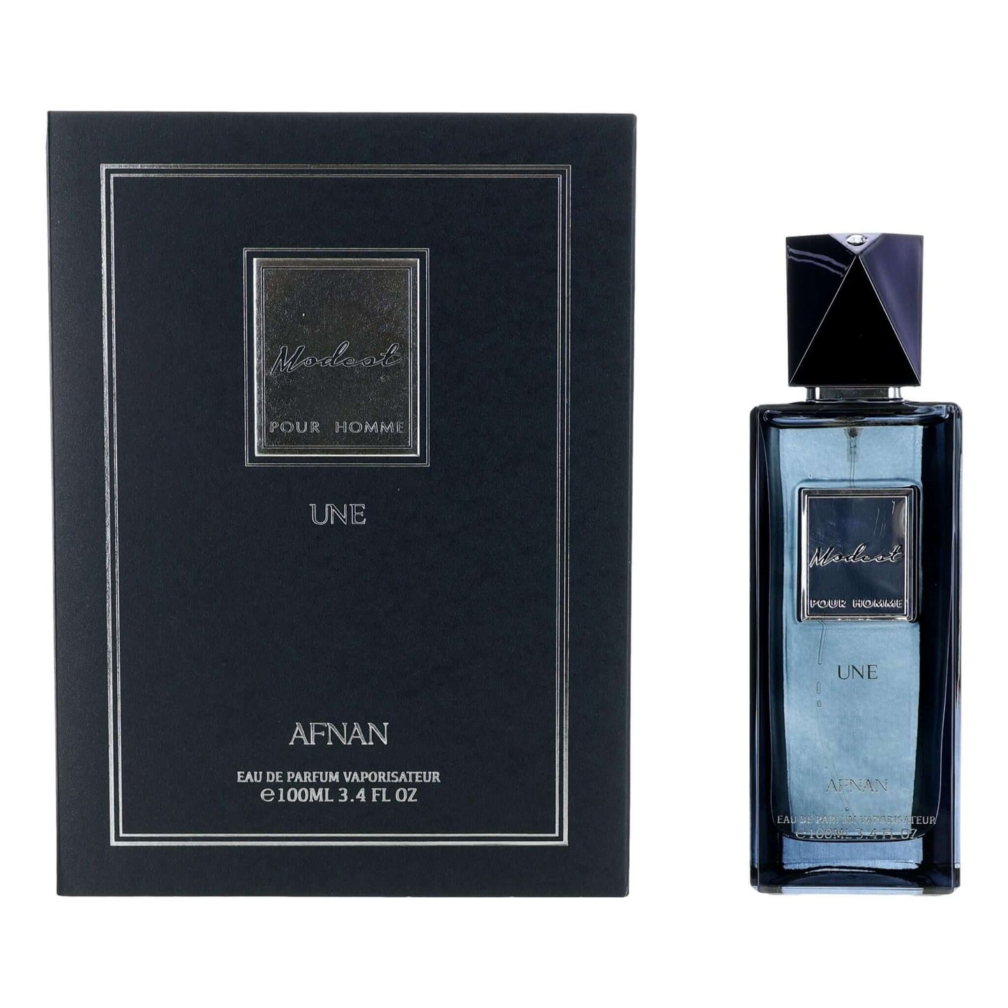 Modest Une by Afnan, 3.4 oz EDP Spray for Men with box and bottle displayed.