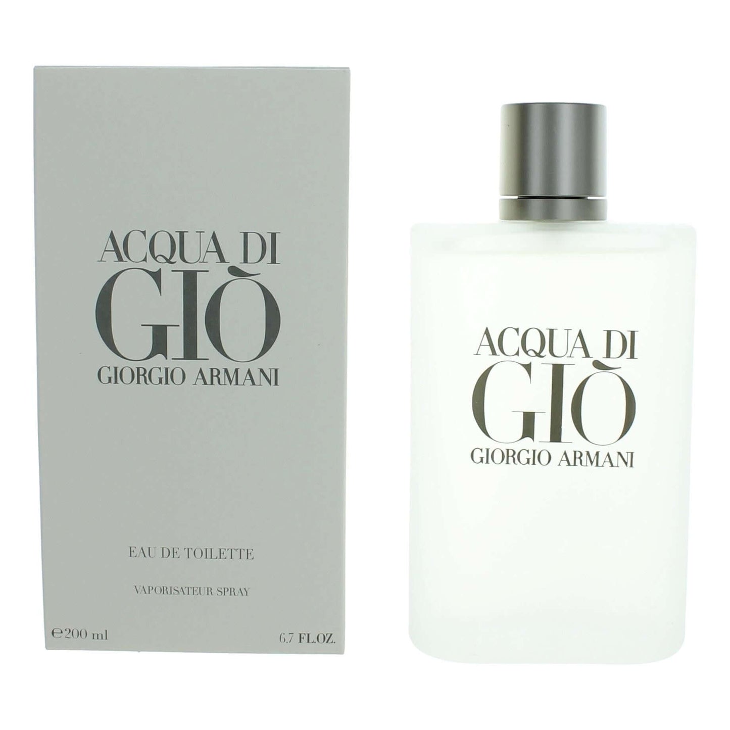 Men's eau de toilette spray bottle with silver cap and matching logo box