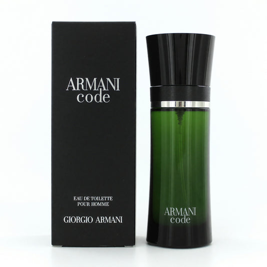 Armani Code men's EDT spray bottle with dark cap and green liquid, with black box
