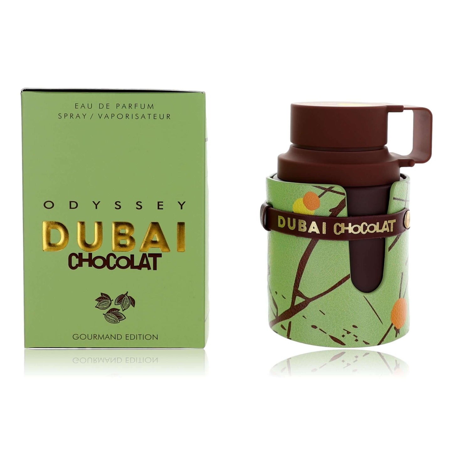 Green eau de parfum box and bottle with Dubai Chocolat label