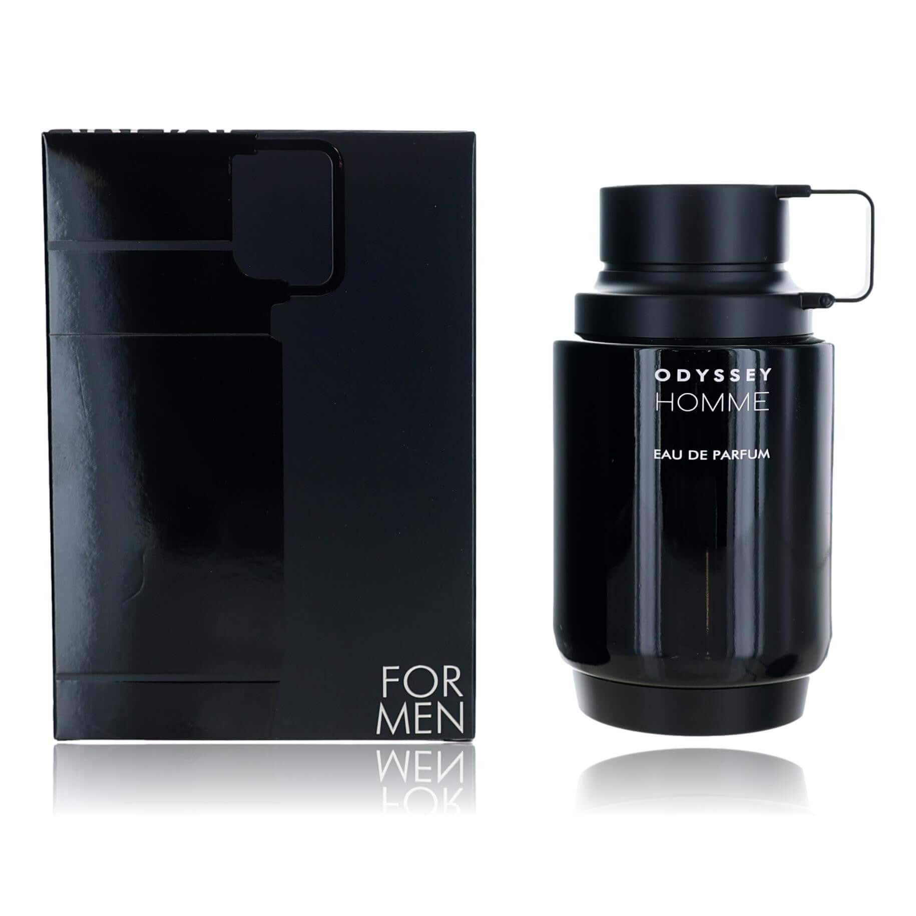 Odyssey Homme men’s EDP spray bottle with black cap and handle, shown with product box