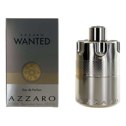 Azzaro Wanted by Azzaro, 3.38 oz EDP Spray for Men in a stylish gray package and bottle design.