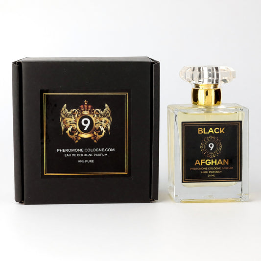 Men's pheromone cologne spray: clear bottle with gold cap, black 'Black Afghan' label and box