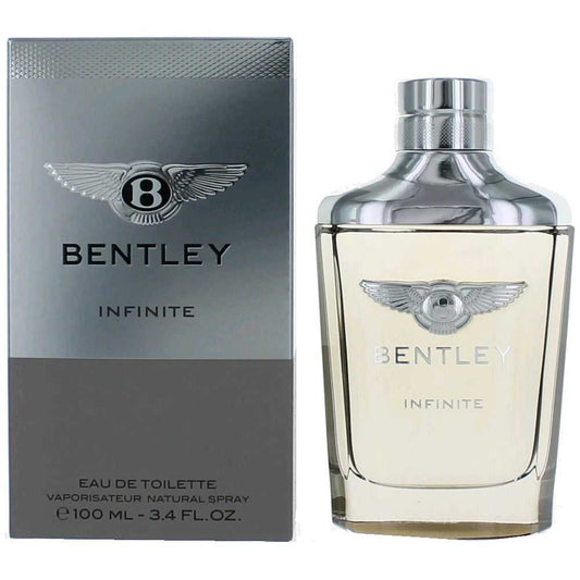Men's perfume spray bottle with silver cap, clear glass, and Bentley wing logo; boxed
