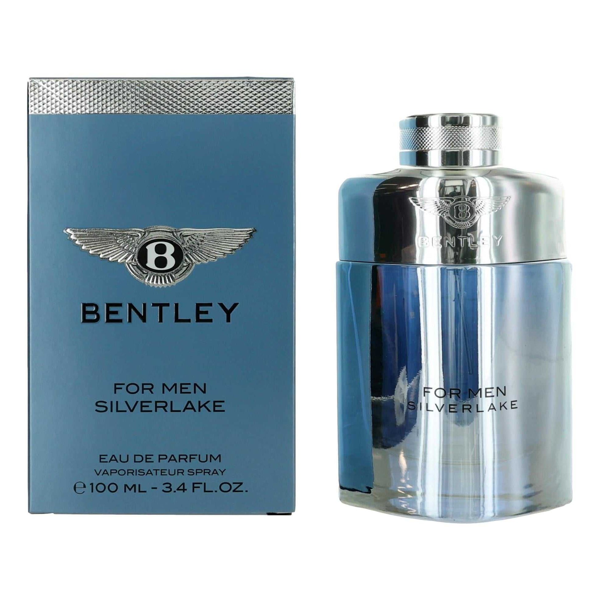 Men's EDP spray bottle with blue box, silver cap, Bentley wing logo