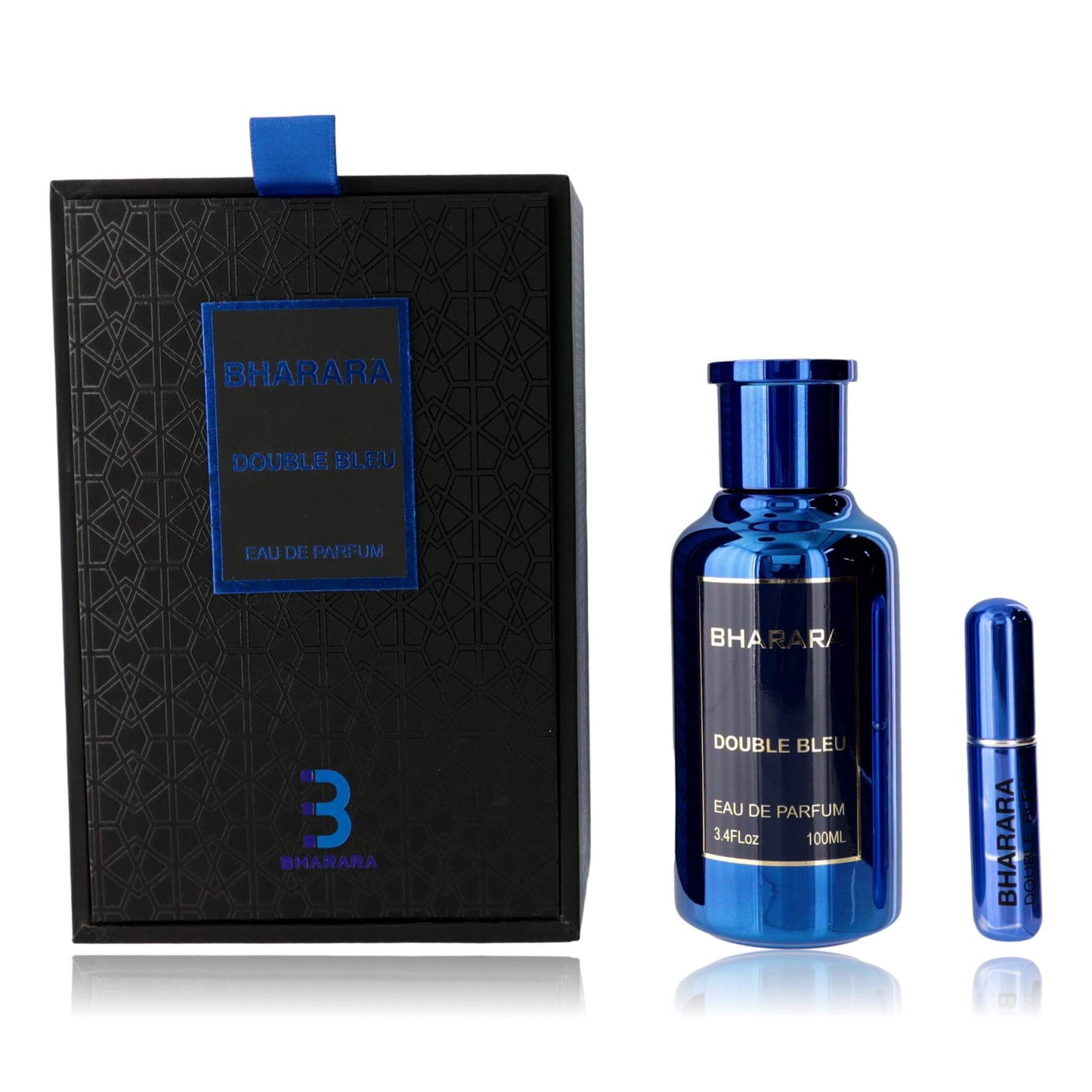 Bharara Double Bleu eau de parfum gift set for men, blue bottle, vial, and box.