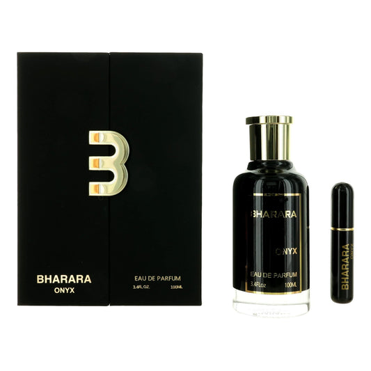 Bharara Onyx men’s EDP spray set with glass bottle, gold cap, and travel vial