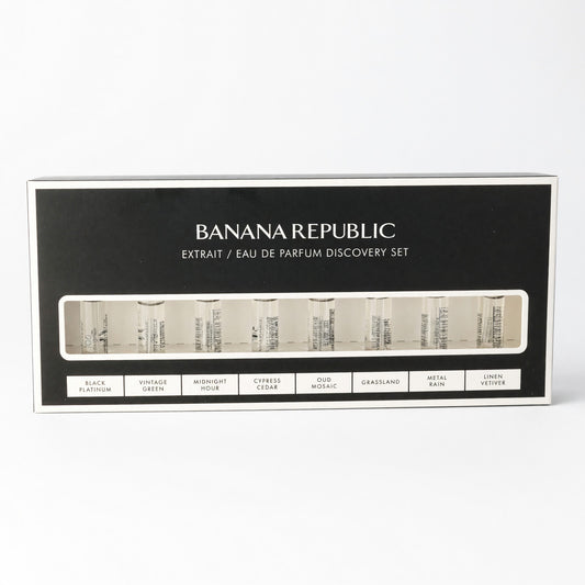 Men's Banana Republic extrait eau de parfum discovery set box with 8 sample vials.
