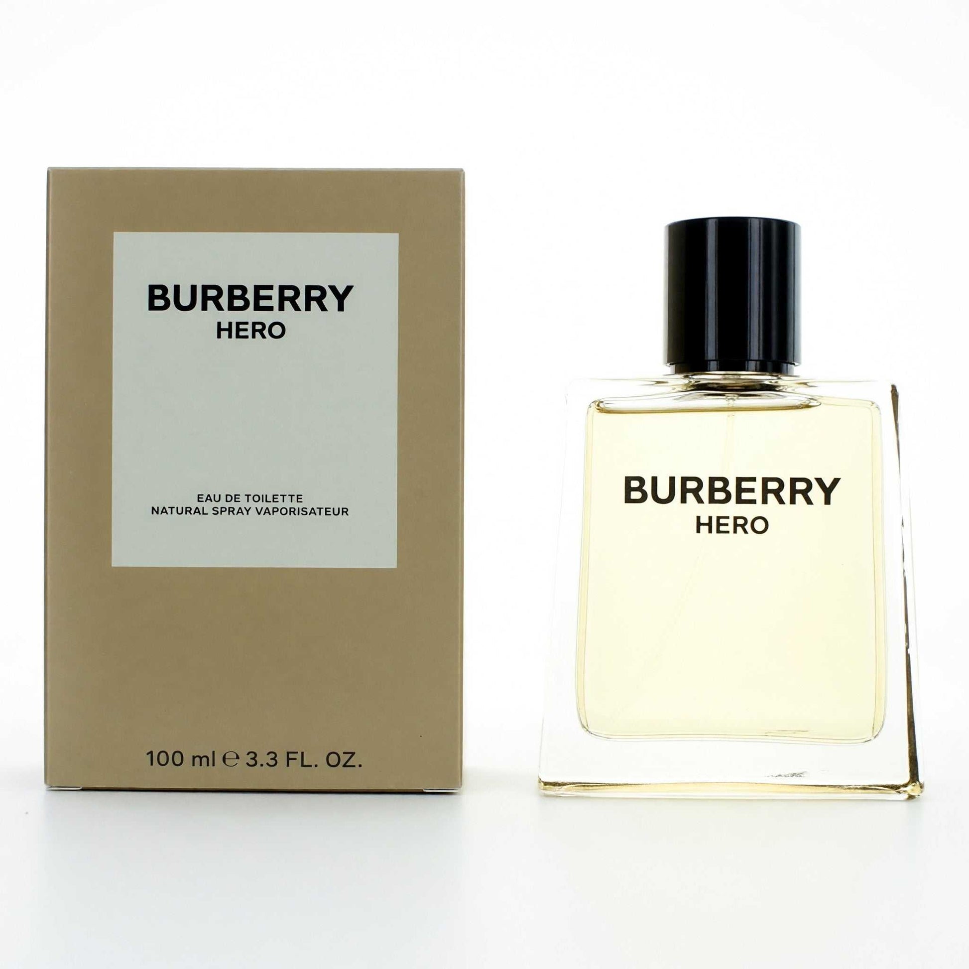 Men's Burberry Hero EDT spray bottle with matching cardboard box, glass vial and black cap