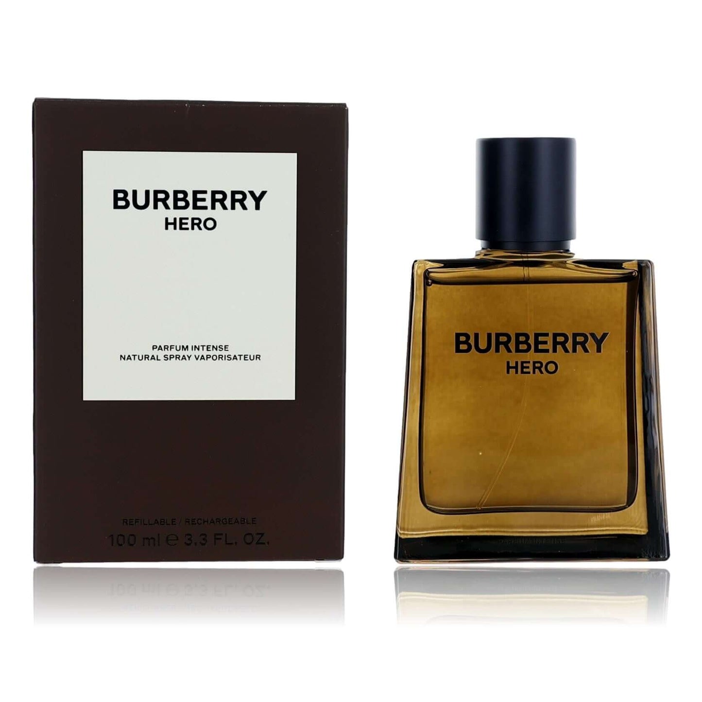 Men's Burberry Hero parfum intense spray: amber glass bottle with black cap, boxed.
