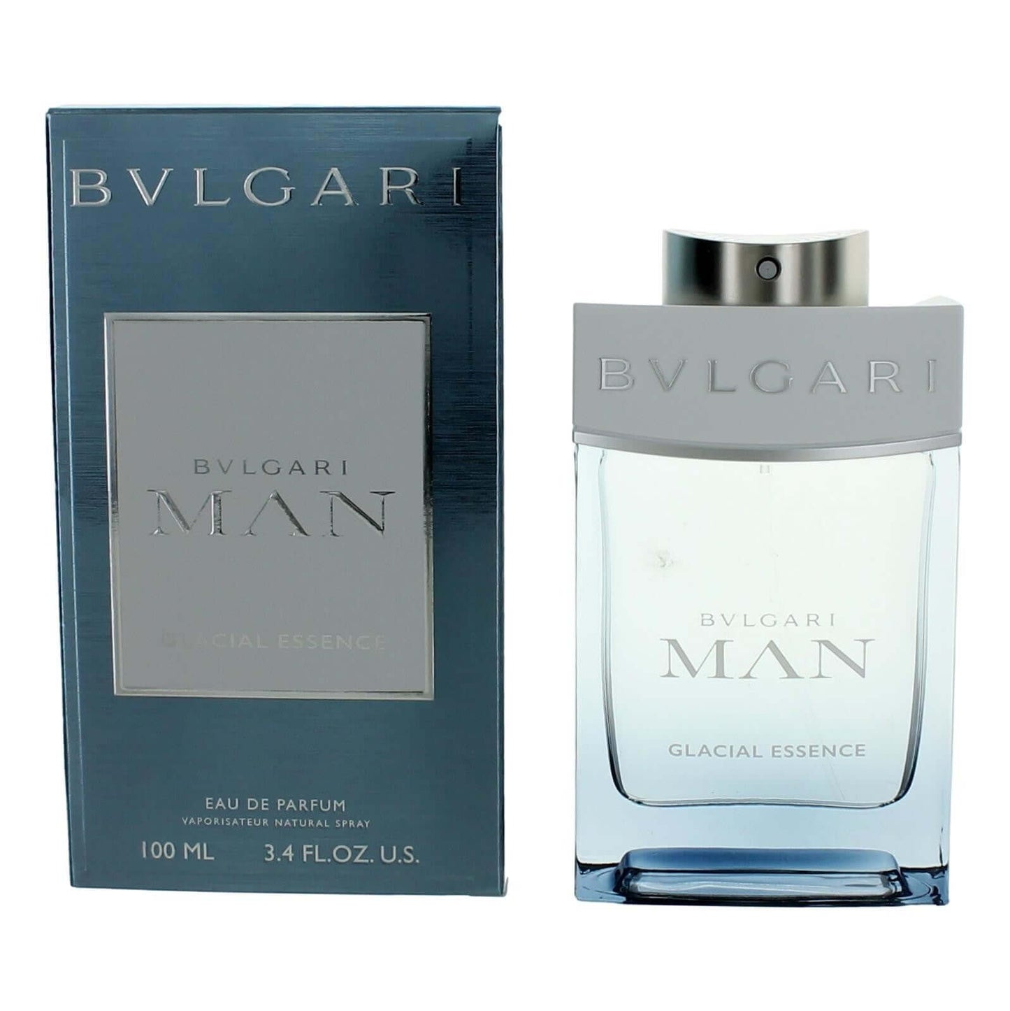 Glacial Essence by Bvlgari, 3.4 oz EDP Spray Men with bottle and packaging displayed.