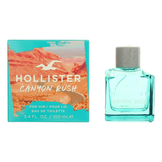 Men's EDT spray: turquoise bottle with cap, shown with Hollister Canyon Rush box.
