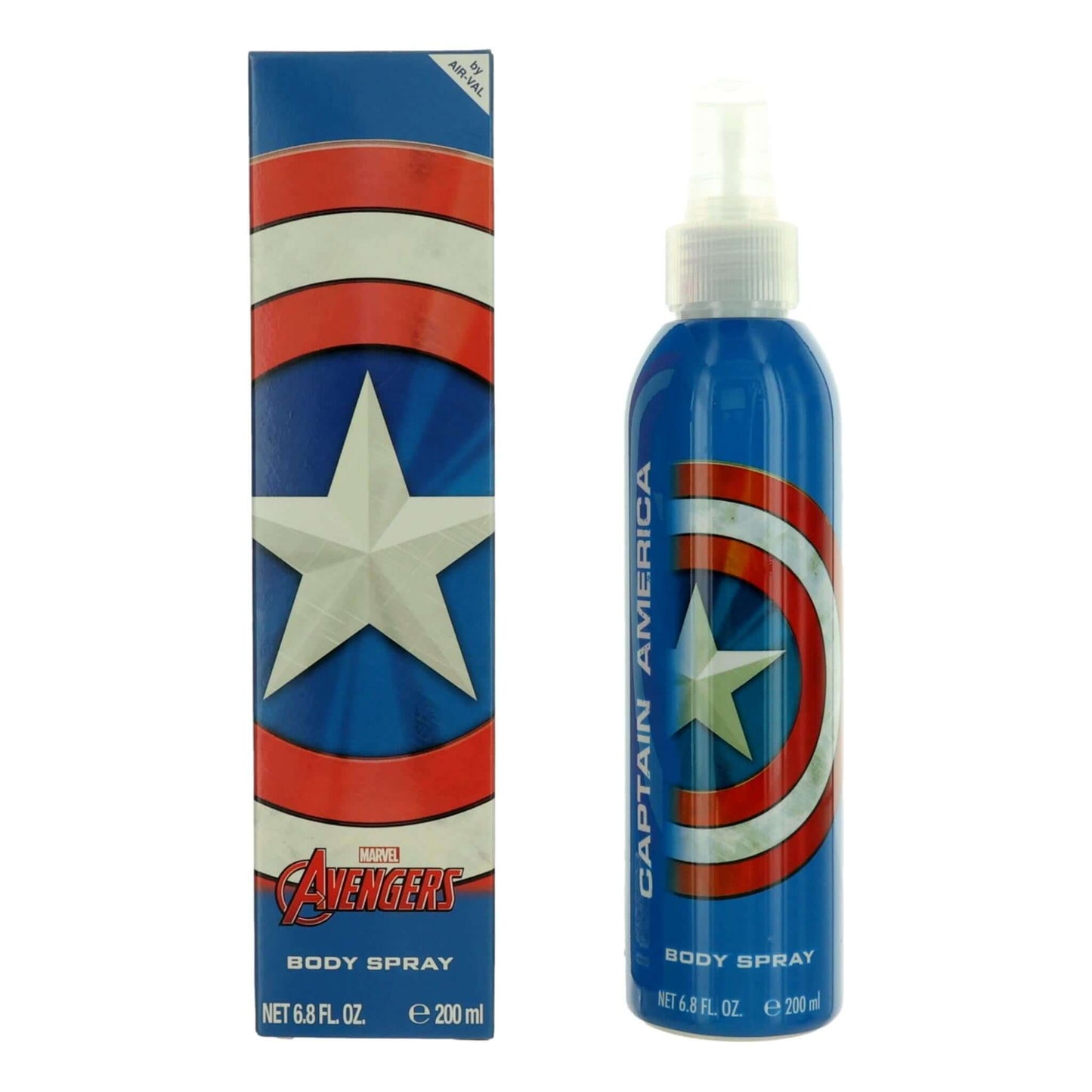 Captain America kids body spray bottle, blue with red and white shield design
