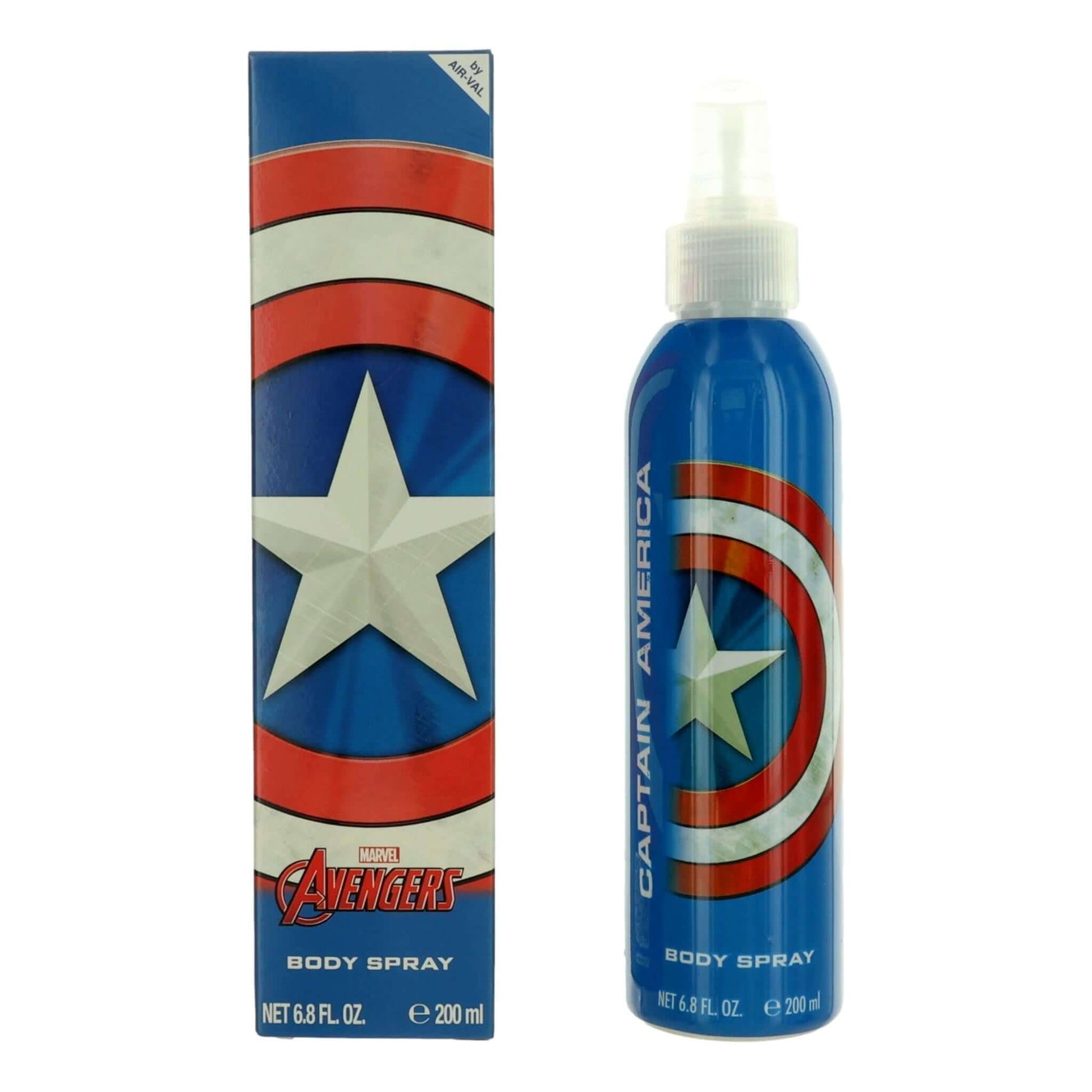Captain America kids body spray bottle, blue with red and white shield design