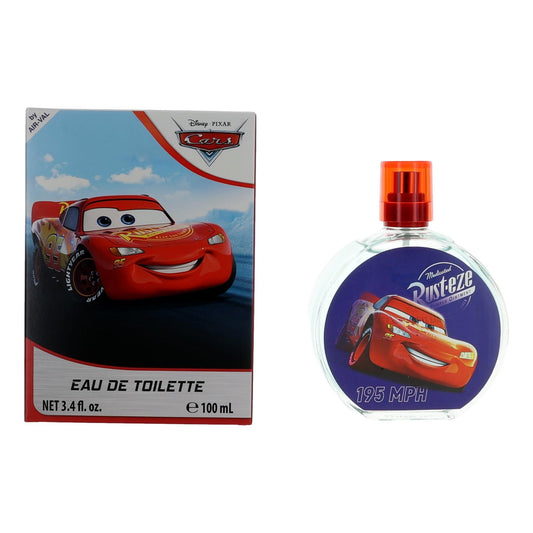 Kids' Cars EDT spray bottle with cartoon car on blue packaging