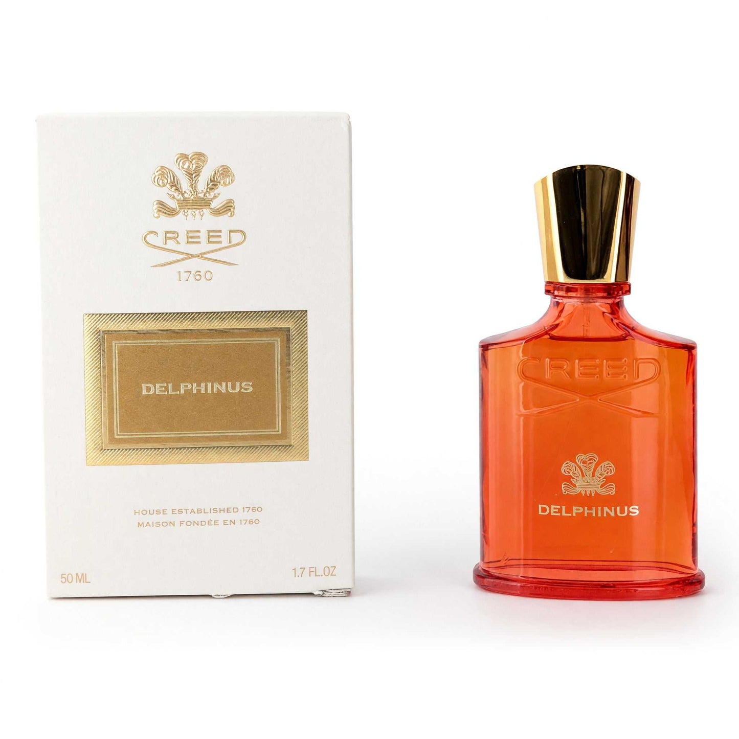 Delphinus by Creed EDP spray bottle, red glass with gold cap, plus matching box