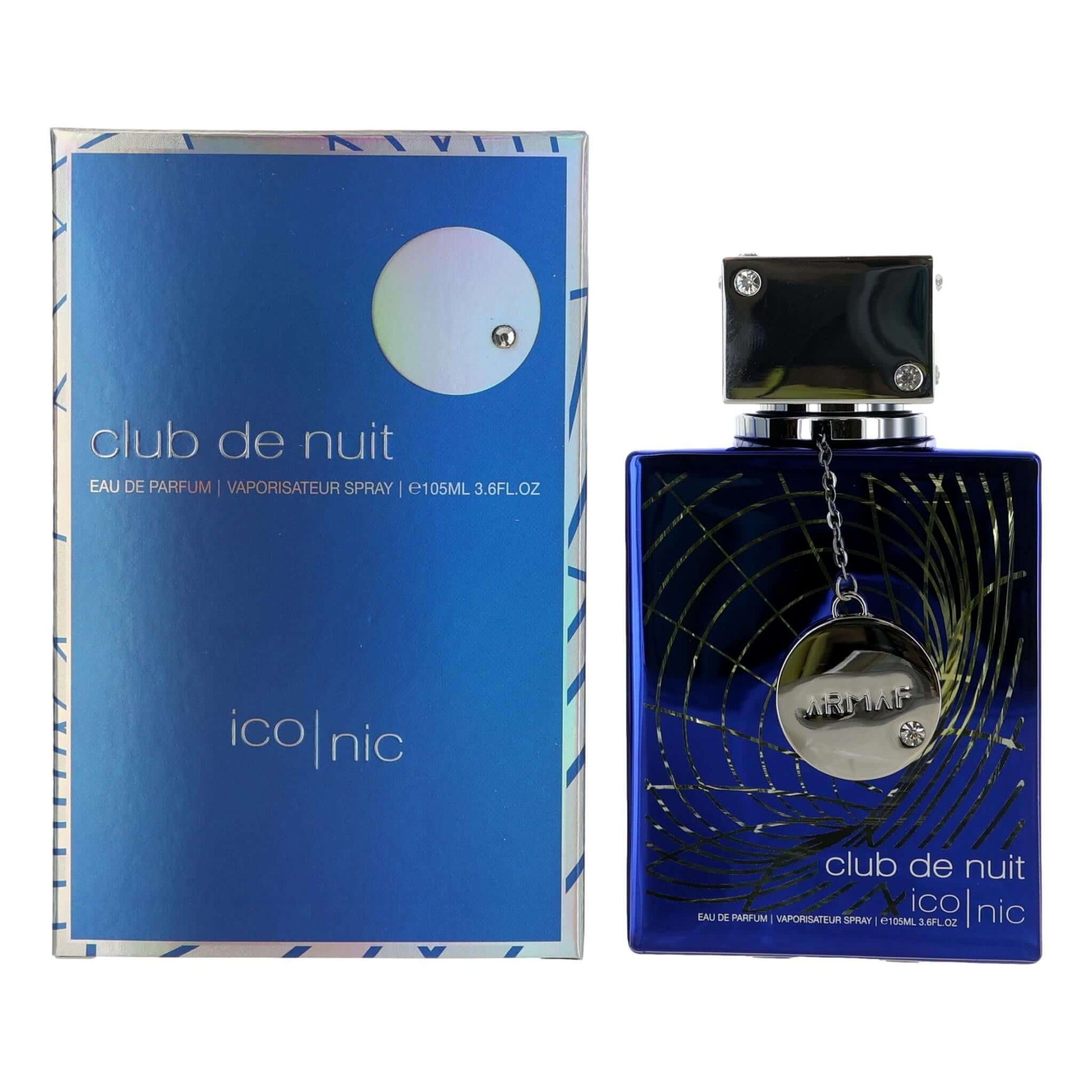 Men's eau de parfum spray, blue glass bottle with black cap and pendant charm