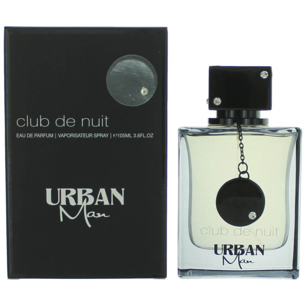 Men's Eau de Parfum spray bottle and box, clear glass with black cap and pendant
