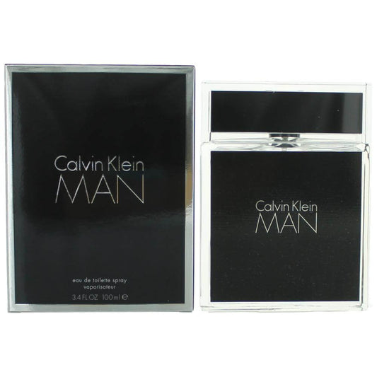 Calvin Klein Man by Calvin Klein, 3.4 oz EDT Spray for Men bottle and box displayed together.