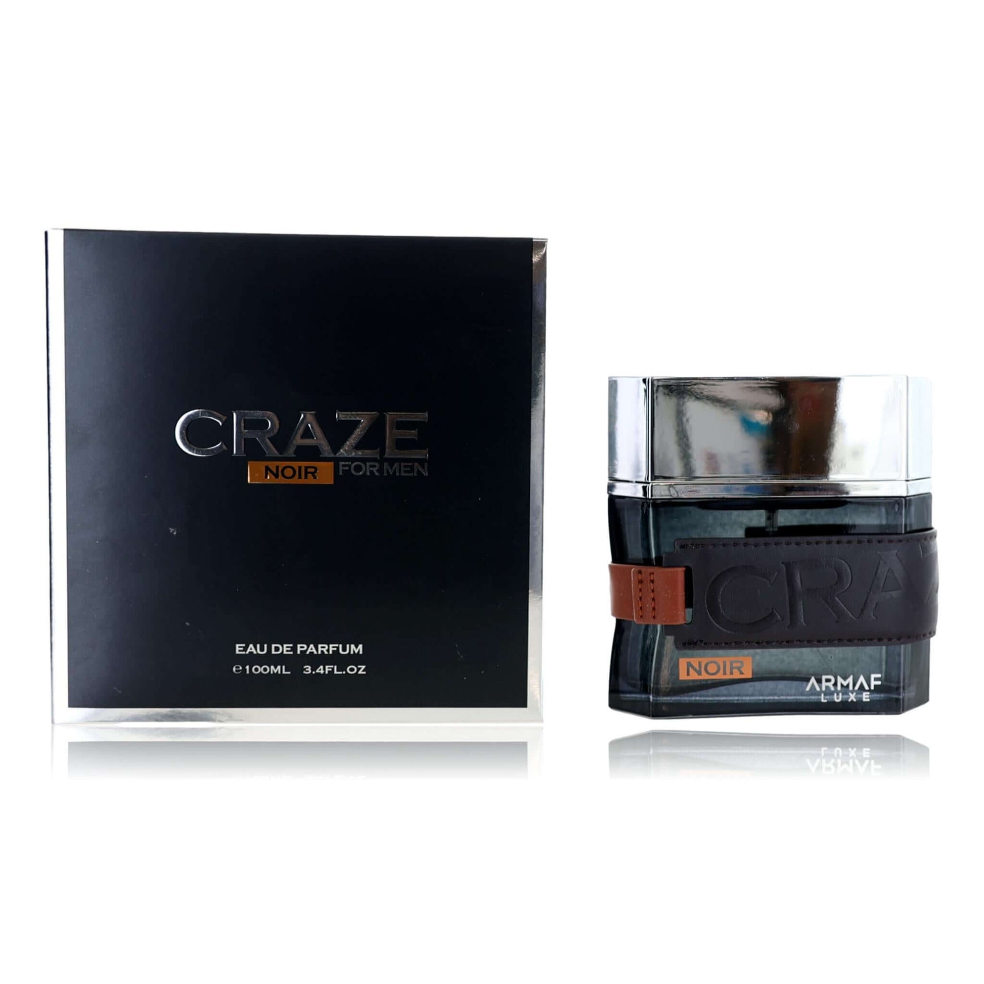 Men’s eau de parfum set, dark box and glass bottle with ARMAF label