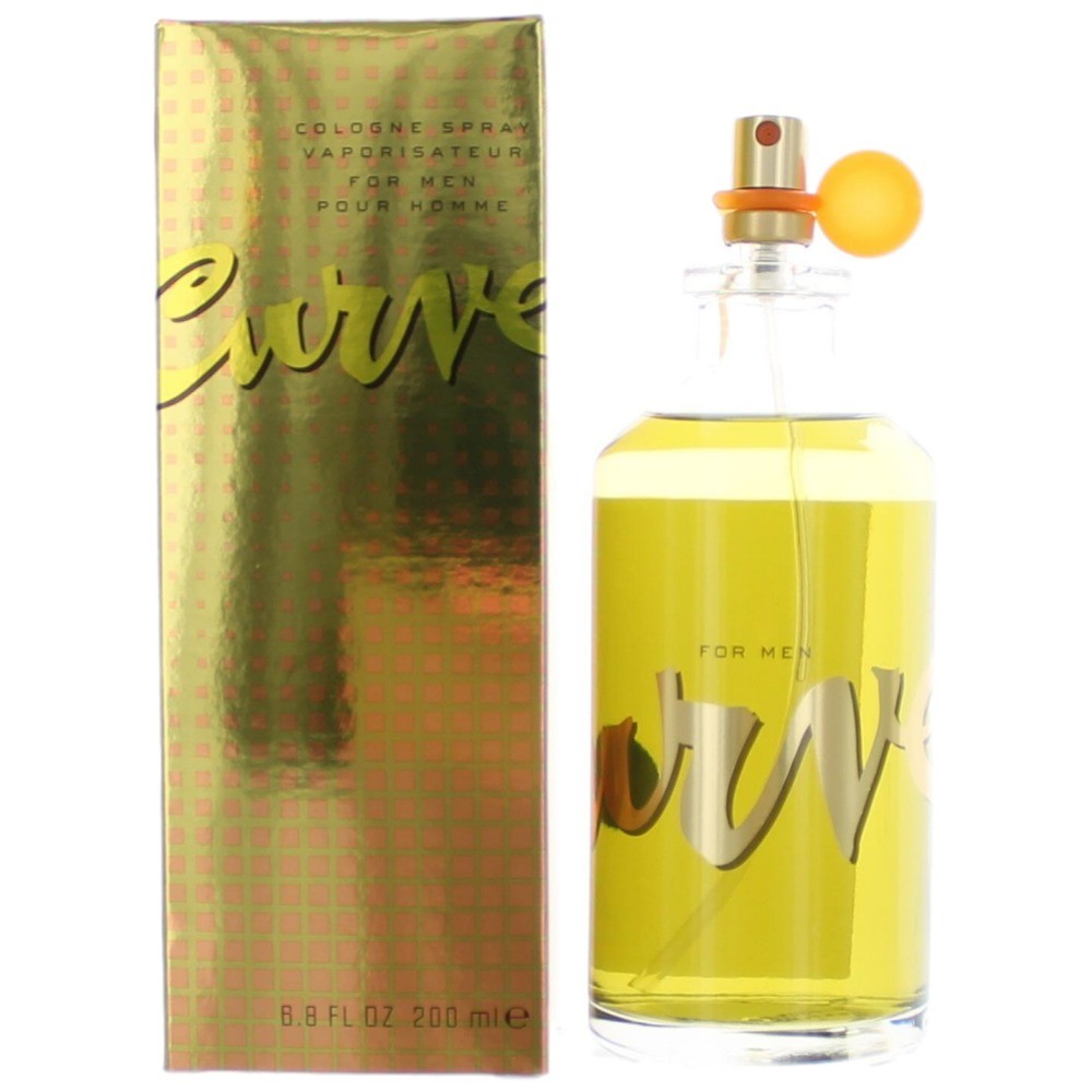 Men's Curve cologne spray bottle with yellow liquid, glass body, and spray cap