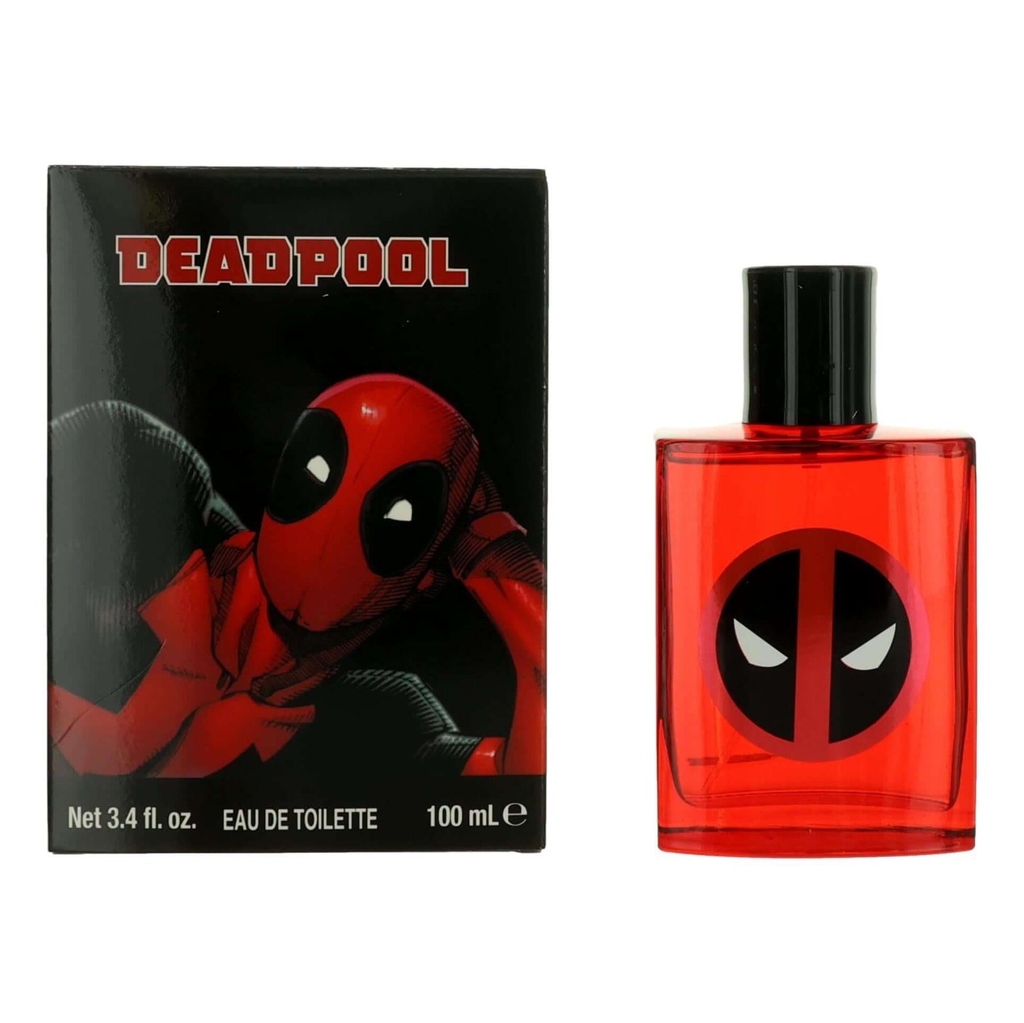 Kids EDT spray bottle with red Deadpool logo, shown with matching product box