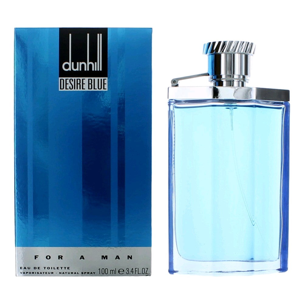 Desire Blue by Alfred Dunhill men's EDT spray in a blue box beside a clear glass bottle