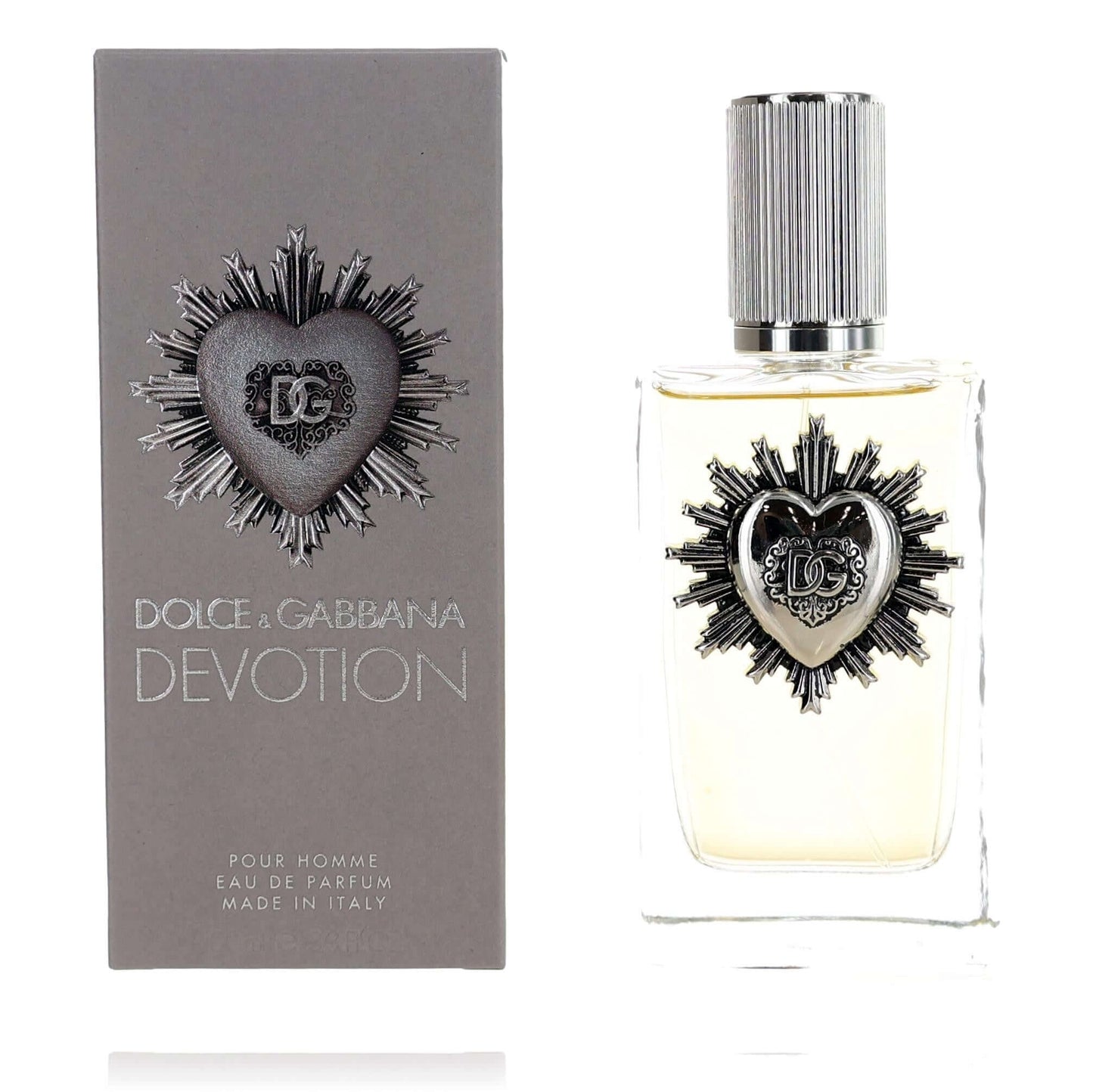 Dolce & Gabbana Devotion men’s EDP spray bottle with silver cap and heart logo