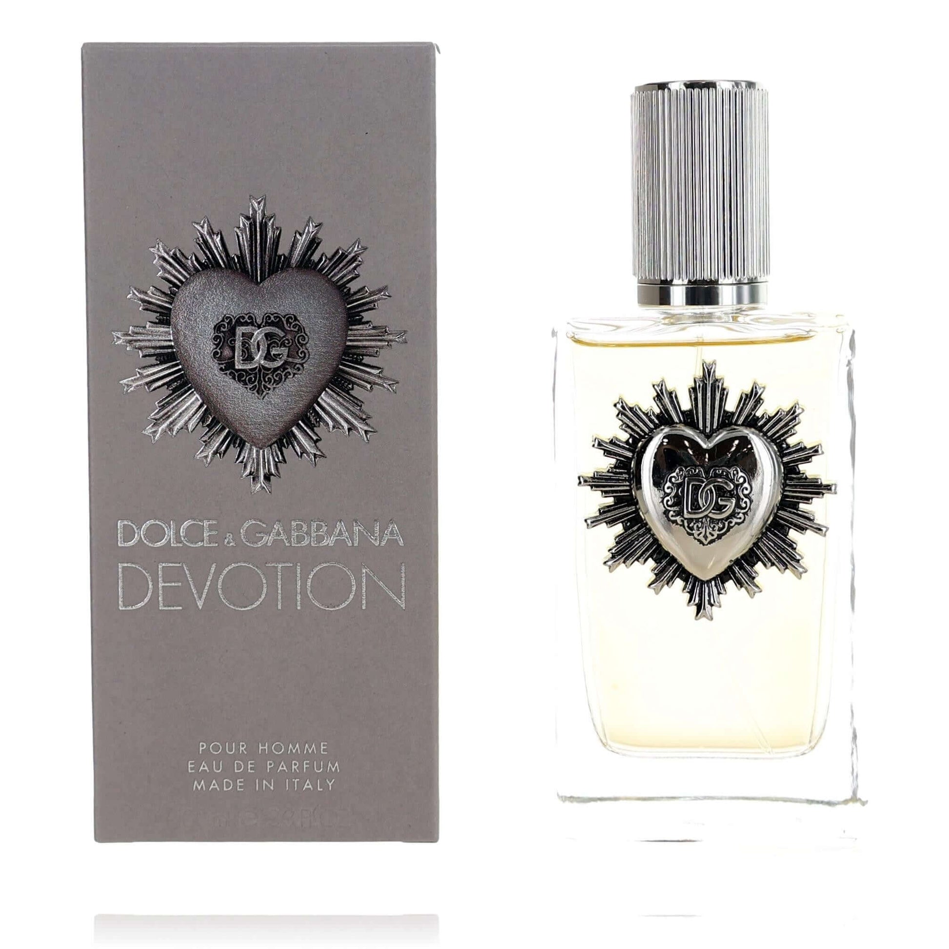 Dolce & Gabbana Devotion men’s EDP spray bottle with silver cap and heart logo