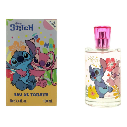 Kids eau de toilette spray bottle and box with Stitch and Angel cartoon art