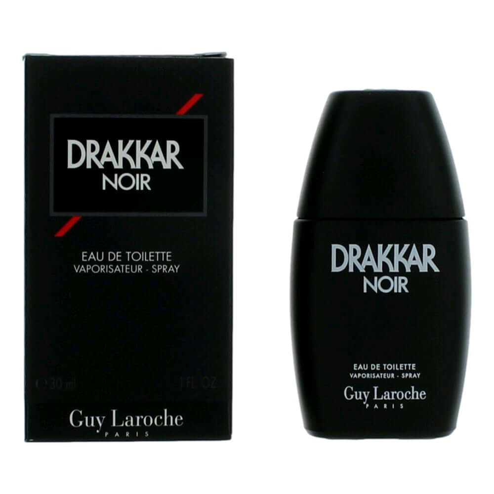 Guy Laroche Drakkar Noir eau de toilette spray for men, black bottle and box.