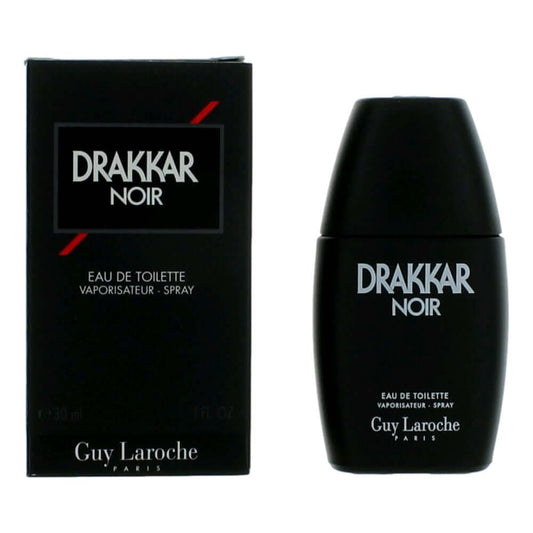 Drakkar Noir by Guy Laroche, 1 oz EDT Spray for Men in black bottle with box.