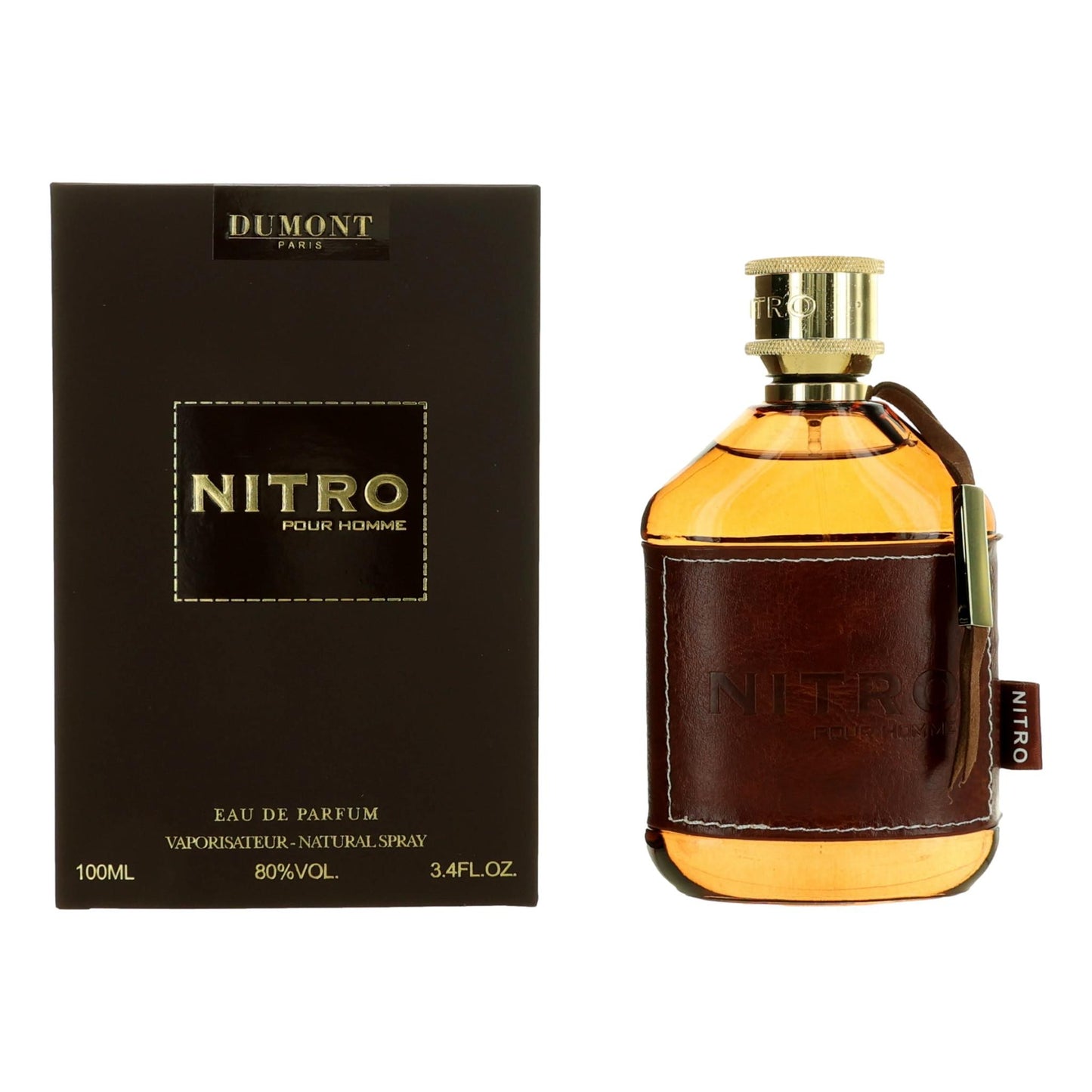 Men's Nitro Eau de Parfum spray bottle, amber glass with brown label and cap