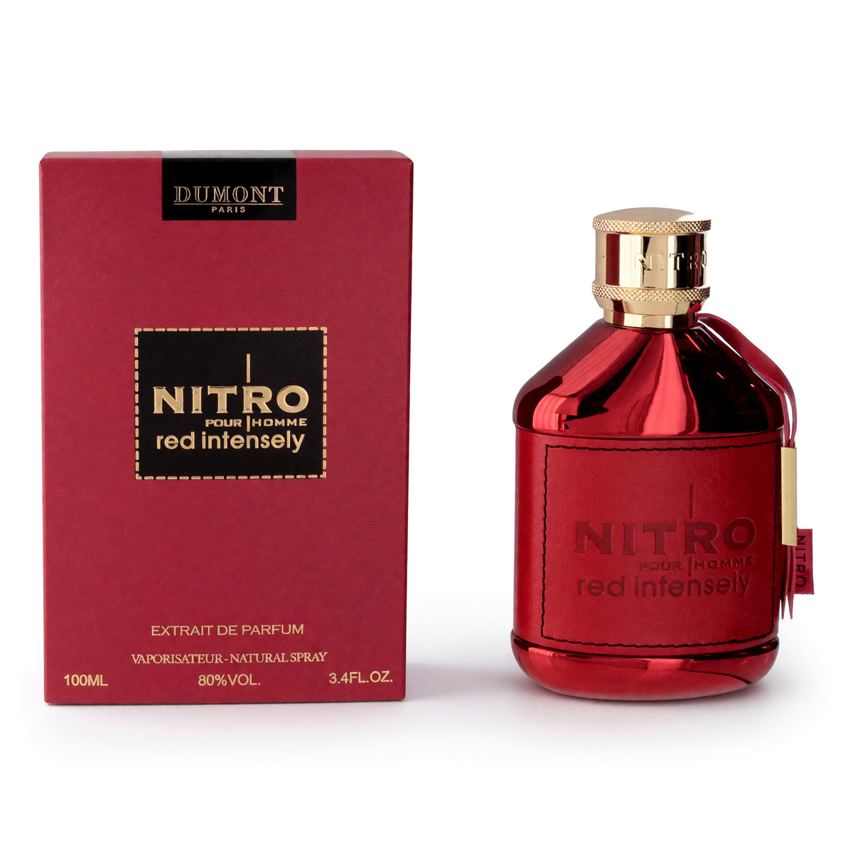 Men's eau de parfum spray bottle, red glass with gold cap, Nitro Red Intensely box