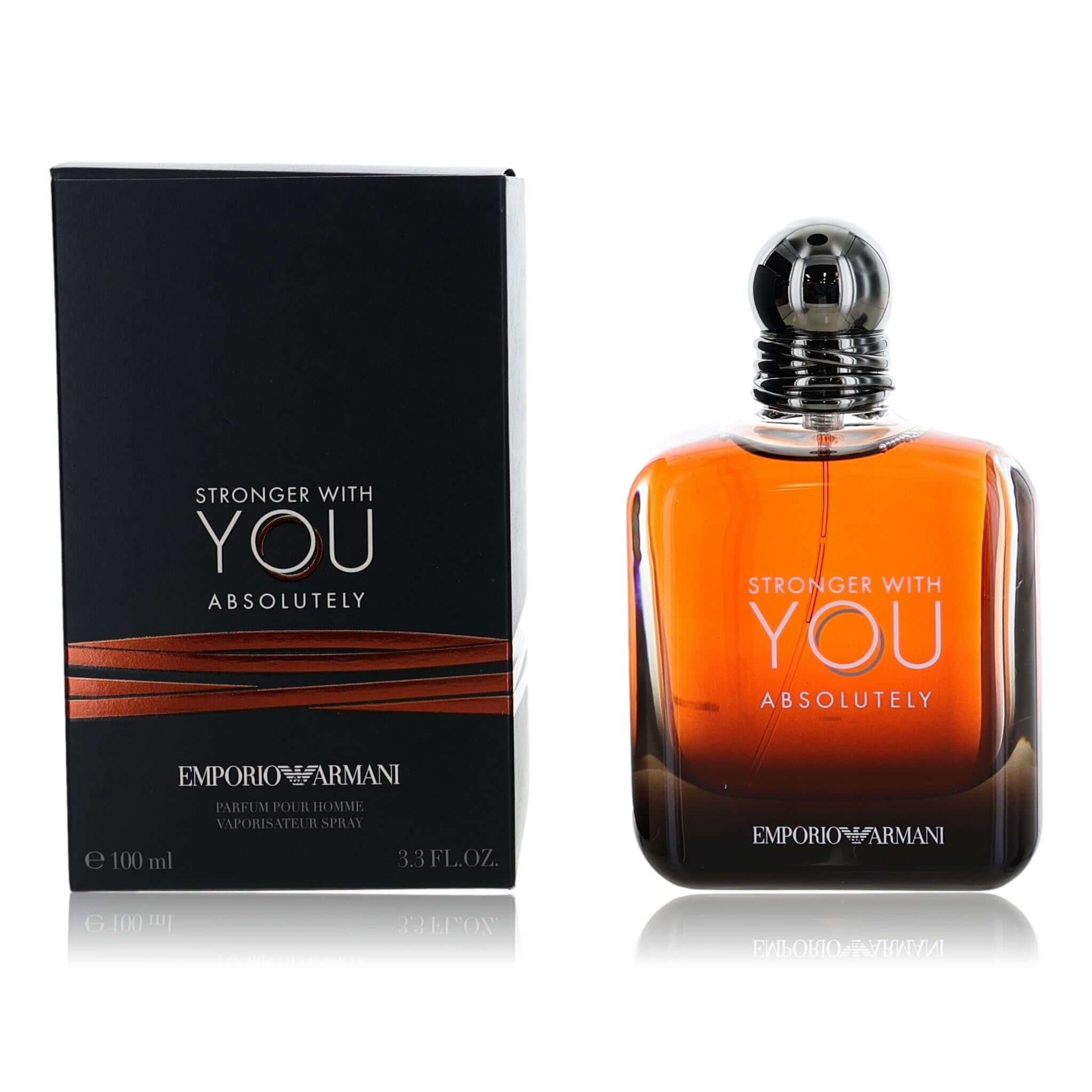 Men's eau de parfum spray bottle with silver cap, orange glass, and dark box
