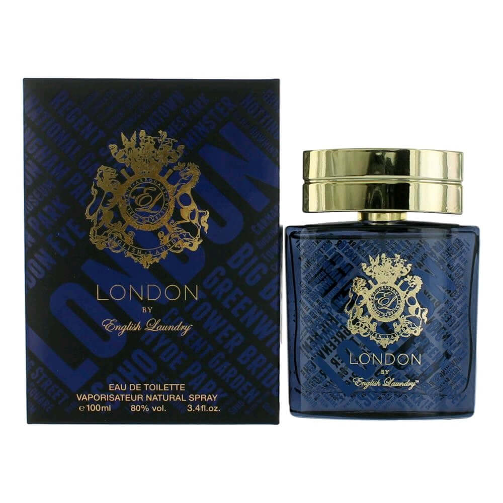 Men’s EDT spray: blue glass bottle with gold cap, shown with matching product box