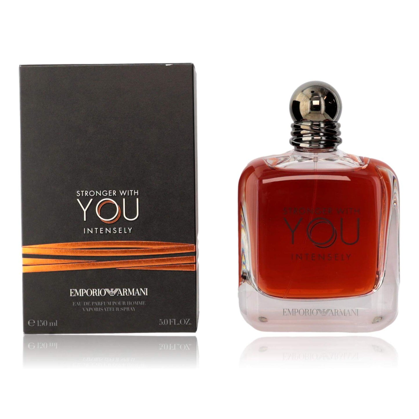 Men's EDP spray bottle with red glass and silver cap, with matching box.