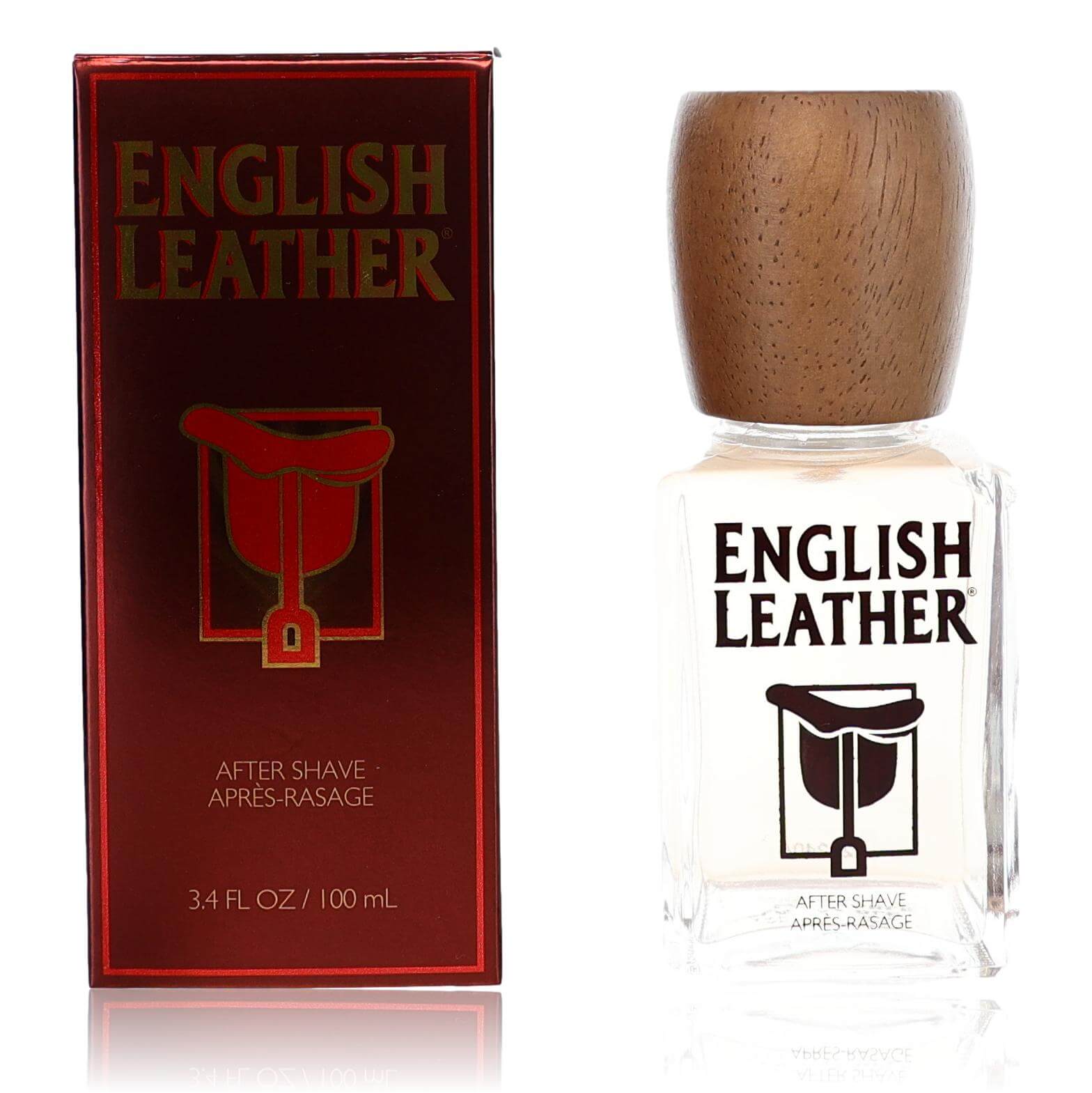 English Leather after shave bottle and red boxed packaging, 3.4 fl oz/100 mL